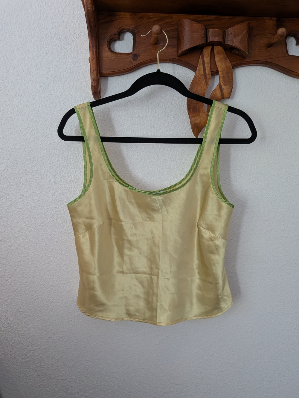 Women's Light Yellow Satin Tank Top with Green Trim And Matching Pants Sleep Set